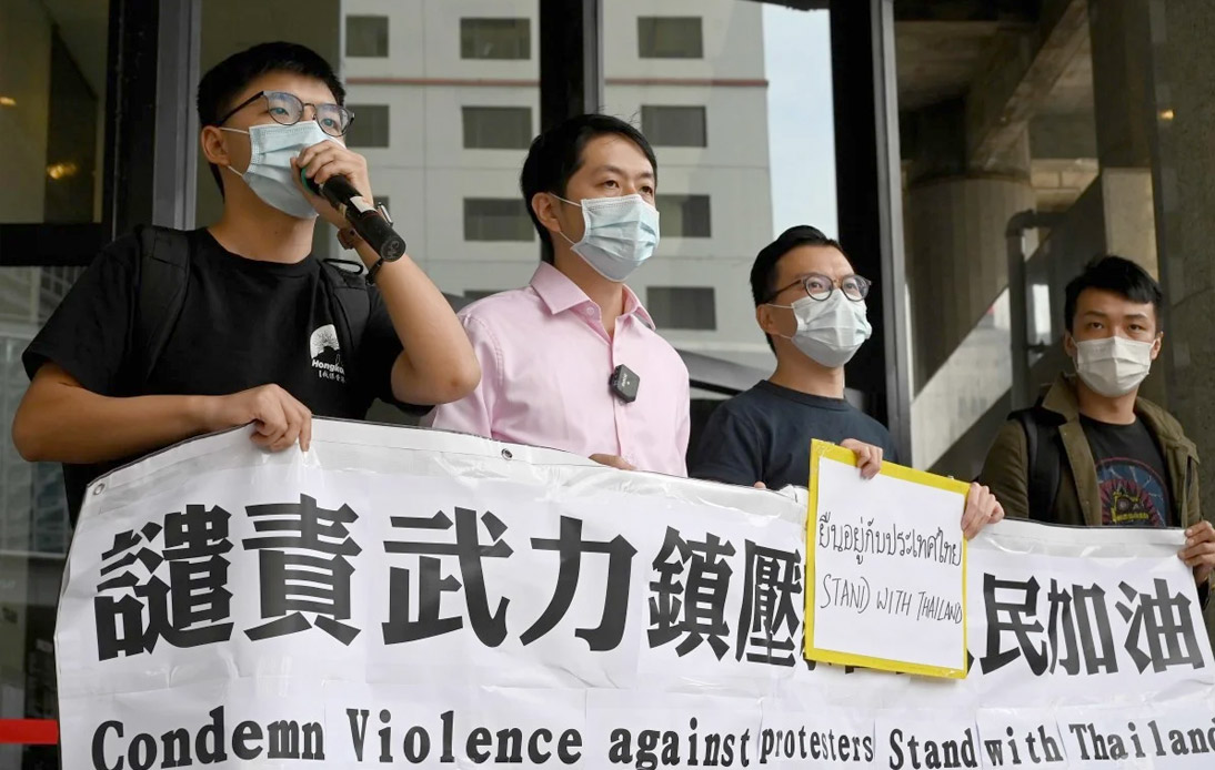 Joshua Wong in front of Thai Embassy in Hong Kong